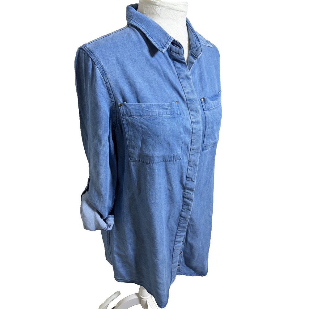 Lulus Tencel Denim Button Down Shirt~Sz S~Roll Tab Slvs Covered Placket Utility